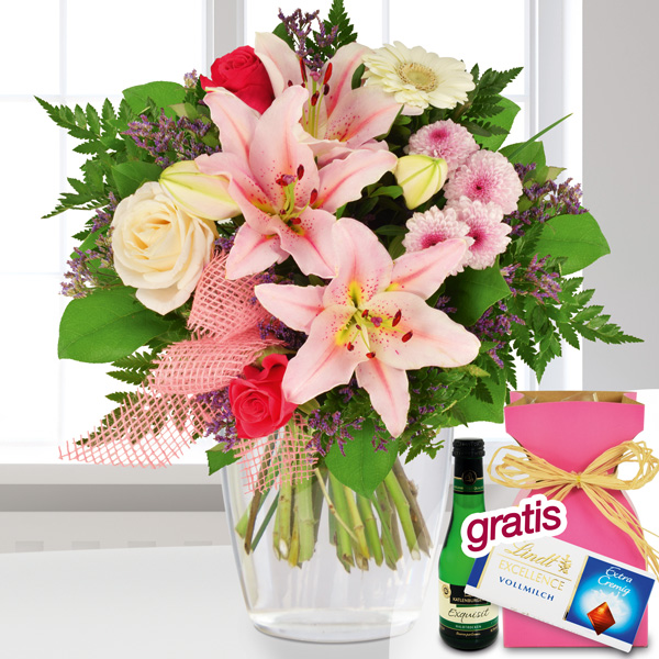 Blumenstrauß Zauberhaft mit Vase, Lindt-Schokolade & Perlwein
