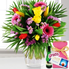 Blumenstrauß Frühlingsfarben mit Vase, Lindt-Schokolade & Perlwein
