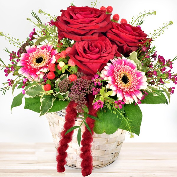 Blumengesteck Alles Liebe Rot-Pink im Rebkorb Blumenversand